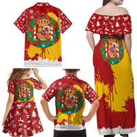 Spain Christmas Family Matching Off Shoulder Maxi Dress and Hawaiian Shirt with Tio de Nadal Log Snowflakes Spanish Flag and Holiday Wreath - Wonder Print Shop