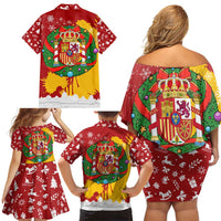 Spain Christmas Family Matching Off Shoulder Short Dress and Hawaiian Shirt with Tio de Nadal Log Snowflakes Spanish Flag and Holiday Wreath - Wonder Print Shop