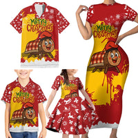 Spain Christmas Family Matching Short Sleeve Bodycon Dress and Hawaiian Shirt with Tio de Nadal Log Snowflakes Spanish Flag and Holiday Wreath - Wonder Print Shop