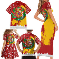Spain Christmas Family Matching Short Sleeve Bodycon Dress and Hawaiian Shirt with Tio de Nadal Log Snowflakes Spanish Flag and Holiday Wreath - Wonder Print Shop