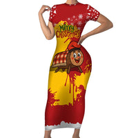 Spain Christmas Family Matching Short Sleeve Bodycon Dress and Hawaiian Shirt with Tio de Nadal Log Snowflakes Spanish Flag and Holiday Wreath - Wonder Print Shop