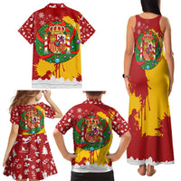 Spain Christmas Family Matching Tank Maxi Dress and Hawaiian Shirt with Tio de Nadal Log Snowflakes Spanish Flag and Holiday Wreath - Wonder Print Shop