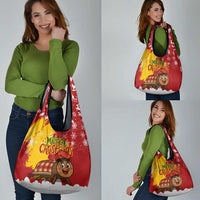 Spain Christmas Grocery Bag with Tio de Nadal Log Snowflakes Spanish Flag and Holiday Wreath - Wonder Print Shop