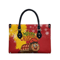 Spain Christmas Leather Bag with Tio de Nadal Log Snowflakes Spanish Flag and Holiday Wreath - Wonder Print Shop