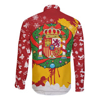 Spain Christmas Long Sleeve Button Shirt with Tio de Nadal Log Snowflakes Spanish Flag and Holiday Wreath - Wonder Print Shop