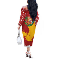 Spain Christmas Off The Shoulder Long Sleeve Dress with Tio de Nadal Log Snowflakes Spanish Flag and Holiday Wreath - Wonder Print Shop
