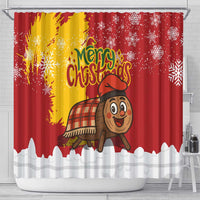 Spain Christmas Shower Curtain with Tio de Nadal Log Snowflakes Spanish Flag and Holiday Wreath - Wonder Print Shop