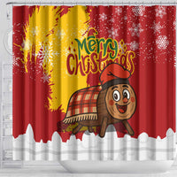 Spain Christmas Shower Curtain with Tio de Nadal Log Snowflakes Spanish Flag and Holiday Wreath - Wonder Print Shop