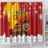 Spain Christmas Shower Curtain with Tio de Nadal Log Snowflakes Spanish Flag and Holiday Wreath - Wonder Print Shop