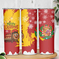 Spain Christmas Skinny Tumbler with Tio de Nadal Log Snowflakes Spanish Flag and Holiday Wreath - Wonder Print Shop