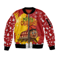 Spain Christmas Sleeve Zip Bomber Jacket with Tio de Nadal Log Snowflakes Spanish Flag and Holiday Wreath - Wonder Print Shop