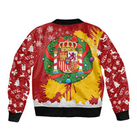 Spain Christmas Sleeve Zip Bomber Jacket with Tio de Nadal Log Snowflakes Spanish Flag and Holiday Wreath - Wonder Print Shop