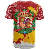 Spain Christmas T Shirt with Tio de Nadal Log Snowflakes Spanish Flag and Holiday Wreath - Wonder Print Shop