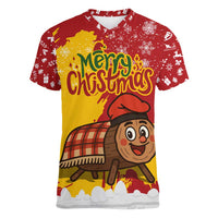 Spain Christmas Women V-Neck T-Shirt with Tio de Nadal Log Snowflakes Spanish Flag and Holiday Wreath - Wonder Print Shop