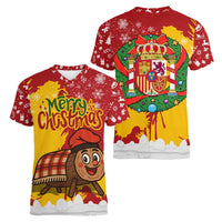 Spain Christmas Women V-Neck T-Shirt with Tio de Nadal Log Snowflakes Spanish Flag and Holiday Wreath - Wonder Print Shop