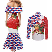 Cuba Christmas Couples Matching Mermaid Dress and Long Sleeve Button Shirt with Santa Hummingbird Cuban Flag Feliz Navidad and Snowflake - Wonder Print Shop