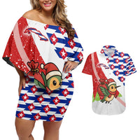 Cuba Christmas Couples Matching Off Shoulder Short Dress and Hawaiian Shirt with Santa Hummingbird Cuban Flag Feliz Navidad and Snowflake - Wonder Print Shop