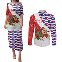 Cuba Christmas Couples Matching Puletasi and Long Sleeve Button Shirt with Santa Hummingbird Cuban Flag Feliz Navidad and Snowflake - Wonder Print Shop