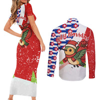 Cuba Christmas Couples Matching Short Sleeve Bodycon Dress and Long Sleeve Button Shirt with Santa Hummingbird Cuban Flag Feliz Navidad and Snowflake - Wonder Print Shop