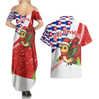 Cuba Christmas Couples Matching Summer Maxi Dress and Hawaiian Shirt with Santa Hummingbird Cuban Flag Feliz Navidad and Snowflake - Wonder Print Shop