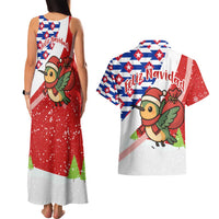 Cuba Christmas Couples Matching Tank Maxi Dress and Hawaiian Shirt with Santa Hummingbird Cuban Flag Feliz Navidad and Snowflake - Wonder Print Shop