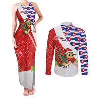 Cuba Christmas Couples Matching Tank Maxi Dress and Long Sleeve Button Shirt with Santa Hummingbird Cuban Flag Feliz Navidad and Snowflake - Wonder Print Shop