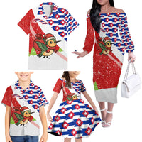 Cuba Christmas Family Matching Off The Shoulder Long Sleeve Dress and Hawaiian Shirt with Santa Hummingbird Cuban Flag Feliz Navidad and Snowflake - Wonder Print Shop