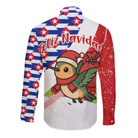 Cuba Christmas Long Sleeve Button Shirt with Santa Hummingbird Cuban Flag Feliz Navidad and Snowflake - Wonder Print Shop