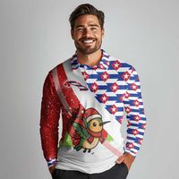 Cuba Christmas Long Sleeve Polo Shirt with Santa Hummingbird Cuban Flag Feliz Navidad and Snowflake - Wonder Print Shop