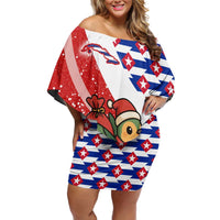 Cuba Christmas Off Shoulder Short Dress with Santa Hummingbird Cuban Flag Feliz Navidad and Snowflake - Wonder Print Shop