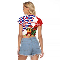 Cuba Christmas Raglan Cropped T Shirt with Santa Hummingbird Cuban Flag Feliz Navidad and Snowflake - Wonder Print Shop