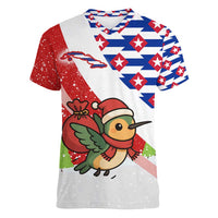 Cuba Christmas Women V-Neck T-Shirt with Santa Hummingbird Cuban Flag Feliz Navidad and Snowflake - Wonder Print Shop