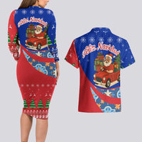 Cuba Christmas Couples Matching Long Sleeve Bodycon Dress and Hawaiian Shirt with Santa Driving Classic Car Cuban Seal Feliz Navidad and Holiday Gift - Wonder Print Shop