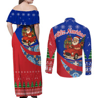 Cuba Christmas Couples Matching Off Shoulder Maxi Dress and Long Sleeve Button Shirt with Santa Driving Classic Car Cuban Seal Feliz Navidad and Holiday Gift - Wonder Print Shop
