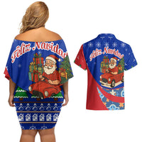 Cuba Christmas Couples Matching Off Shoulder Short Dress and Hawaiian Shirt with Santa Driving Classic Car Cuban Seal Feliz Navidad and Holiday Gift - Wonder Print Shop