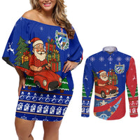 Cuba Christmas Couples Matching Off Shoulder Short Dress and Long Sleeve Button Shirt with Santa Driving Classic Car Cuban Seal Feliz Navidad and Holiday Gift - Wonder Print Shop
