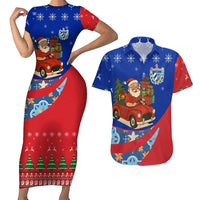 Cuba Christmas Couples Matching Short Sleeve Bodycon Dress and Hawaiian Shirt with Santa Driving Classic Car Cuban Seal Feliz Navidad and Holiday Gift - Wonder Print Shop