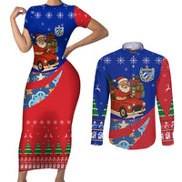 Cuba Christmas Couples Matching Short Sleeve Bodycon Dress and Long Sleeve Button Shirt with Santa Driving Classic Car Cuban Seal Feliz Navidad and Holiday Gift - Wonder Print Shop