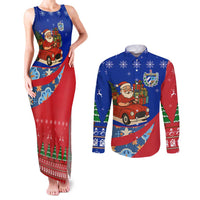 Cuba Christmas Couples Matching Tank Maxi Dress and Long Sleeve Button Shirt with Santa Driving Classic Car Cuban Seal Feliz Navidad and Holiday Gift - Wonder Print Shop