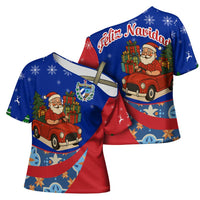 Cuba Christmas Cross Shoulder Shirt with Santa Driving Classic Car Cuban Seal Feliz Navidad and Holiday Gift - Wonder Print Shop