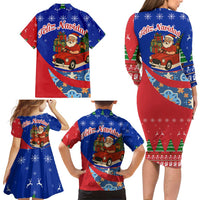Cuba Christmas Family Matching Long Sleeve Bodycon Dress and Hawaiian Shirt with Santa Driving Classic Car Cuban Seal Feliz Navidad and Holiday Gift - Wonder Print Shop