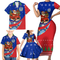 Cuba Christmas Family Matching Short Sleeve Bodycon Dress and Hawaiian Shirt with Santa Driving Classic Car Cuban Seal Feliz Navidad and Holiday Gift - Wonder Print Shop