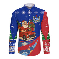 Cuba Christmas Long Sleeve Button Shirt with Santa Driving Classic Car Cuban Seal Feliz Navidad and Holiday Gift - Wonder Print Shop