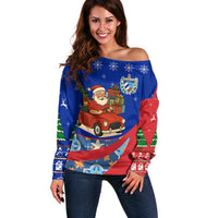 Cuba Christmas Off Shoulder Sweater with Santa Driving Classic Car Cuban Seal Feliz Navidad and Holiday Gift - Wonder Print Shop