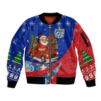 Cuba Christmas Sleeve Zip Bomber Jacket with Santa Driving Classic Car Cuban Seal Feliz Navidad and Holiday Gift - Wonder Print Shop