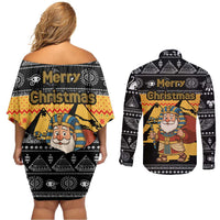 Egypt Christmas Couples Matching Off Shoulder Short Dress and Long Sleeve Button Shirt with Pharaoh Santa Pyramids Eye of Horus and Ancient Egyptian - Wonder Print Shop