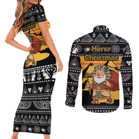 Egypt Christmas Couples Matching Short Sleeve Bodycon Dress and Long Sleeve Button Shirt with Pharaoh Santa Pyramids Eye of Horus and Ancient Egyptian - Wonder Print Shop