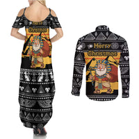 Egypt Christmas Couples Matching Summer Maxi Dress and Long Sleeve Button Shirt with Pharaoh Santa Pyramids Eye of Horus and Ancient Egyptian - Wonder Print Shop