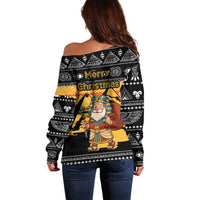 Egypt Christmas Off Shoulder Sweater with Pharaoh Santa Pyramids Eye of Horus and Ancient Egyptian - Wonder Print Shop