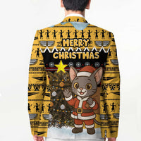 Egypt Christmas Blazer with Santa Cat Sleigh Reindeer Christmas Tree and Ancient Hieroglyphic - Wonder Print Shop